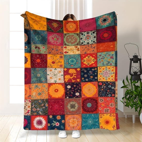1pc Extra Large Bohemian Patchwork Quilt Throw Blanket, 280GSM Heavyweight Soft Polyester Bedspread, Turquoise Orange Red Boho Style Cover for Couch Bed Camping Travel