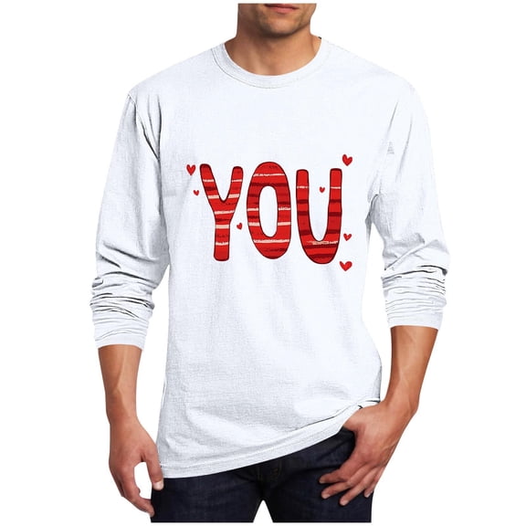 Valentines Day Tops for Men Big&tall Casual Loose Long Sleeve Round Neck Graphic Print Pullover Tops (XXL, White)