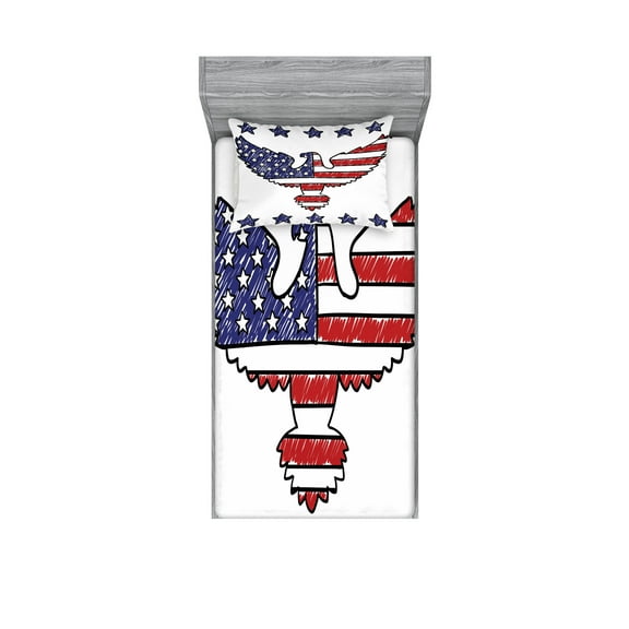 Ambesonne Animal Fitted Sheet & Pillow Sham Set, Patriotic Eagle, Twin, Red Blue