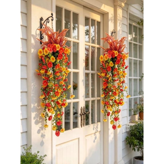 Fall Harvest Teardrop Swag, Artificial Autumn Hanging Floral Swag with Orange Yellow Flowers & Ferns, Thanksgiving Front Door Wall Decor, Farmhouse Outdoor Fall Porch Decoration