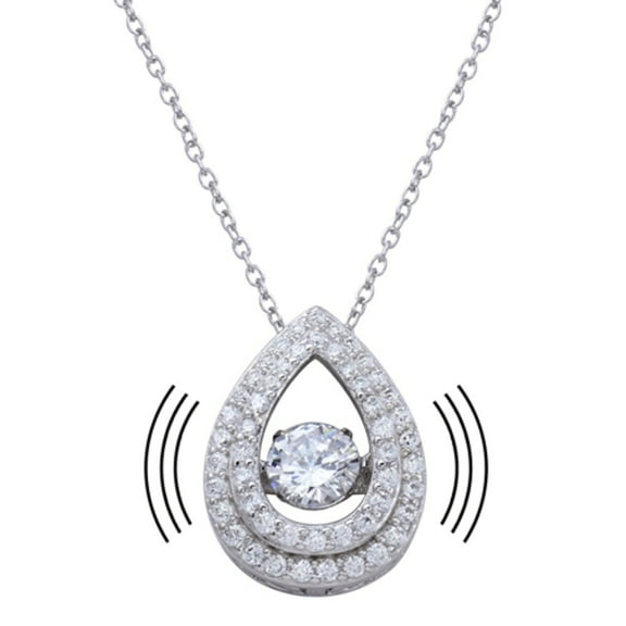 Clear Cubic Zirconia Dancing Center Double Teardrop Necklace Rhodium Plated Sterling Silver