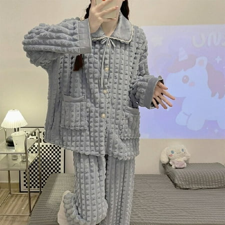 

CoCopeaunt Winter Pajama Sets Women Coral Velvet Ruffles Thermal Simple Single Breasted Fuzzy Nightwear Cute Tender Ins Stylish Sleepwear