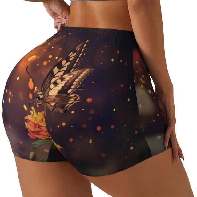 Fotbe Butterfly Sitting on a Flower Shorts Sin Costuras – Shorts Deportivos de Cintura Alta para Mujer, Elásticos para Gimnasio, Yoga, Running o Ciclismo-XX-Large