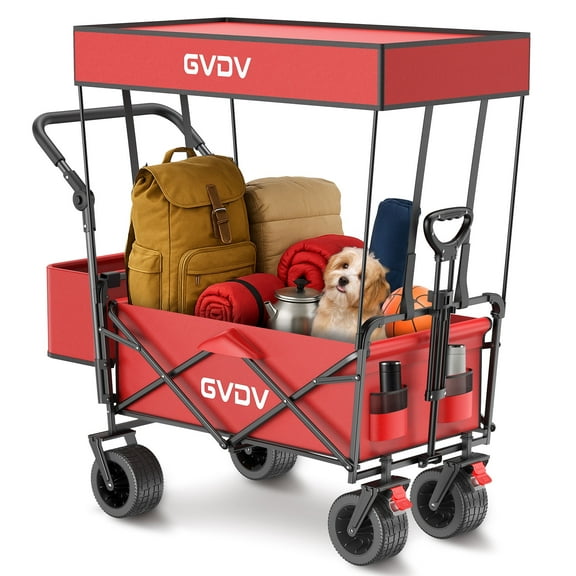 GVDV Collapsible Wagon Cart with Removable Canopy, Foldable Utility Cart with All-terrain Wheels, Versatile Folding Wagon for Kids, Grocery, Shopping and Camping, Red