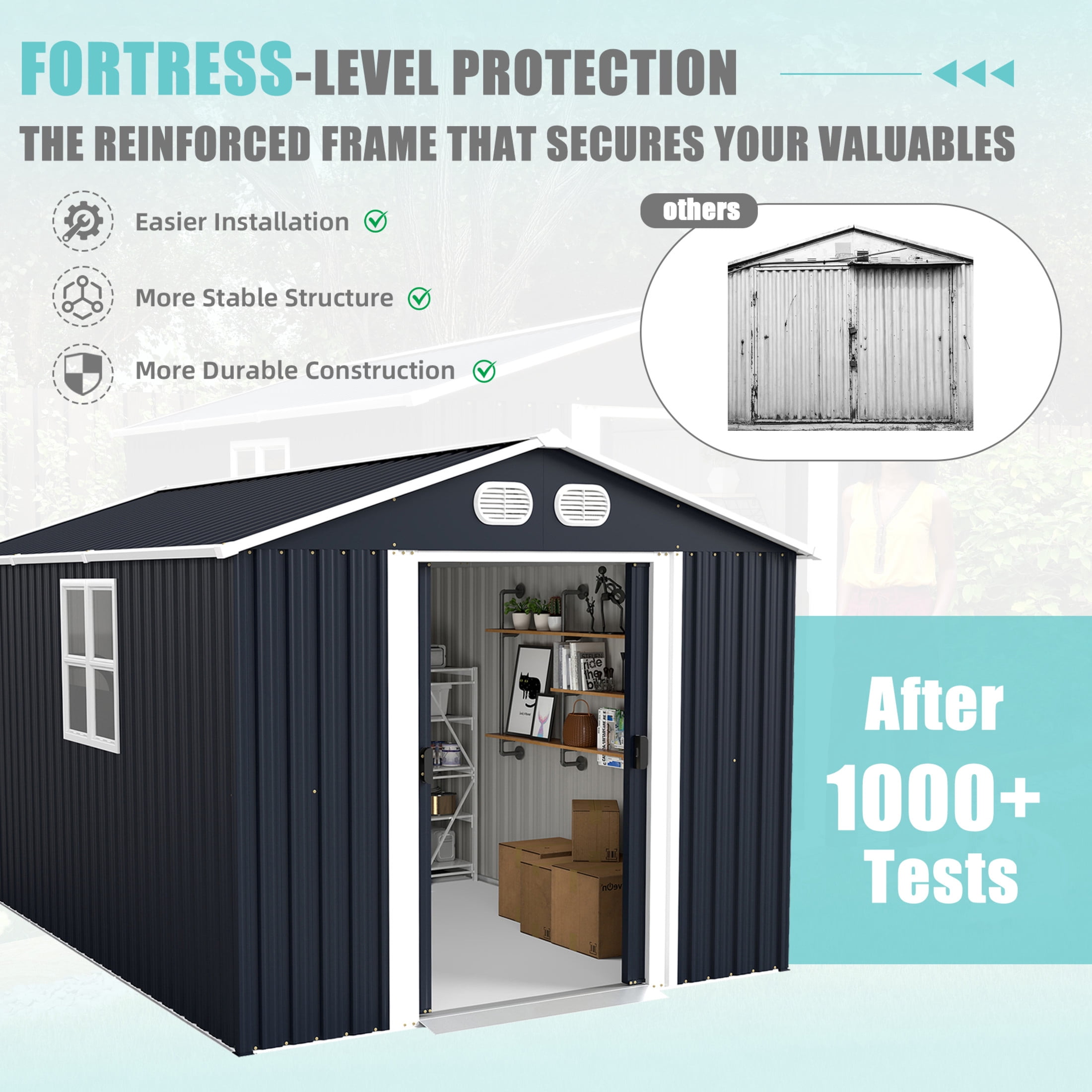 Noble House 8 x 12 FT Outdoor Metal Tool Storage Shed with Lockable Doors and Air Vents, Waterproof Garden Shed, Dark Gray