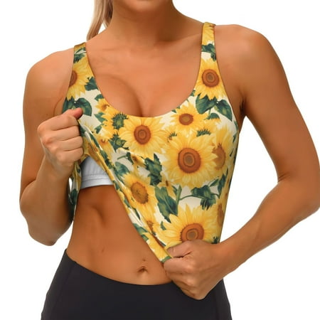 Qokaie Green Leaf Sunflower Pattern Womens Scoop Neck Sports Bra Breathable Workout Vest Padded U Back Medium Impact Fitness Gym Yoga Bra Workout Crop Top