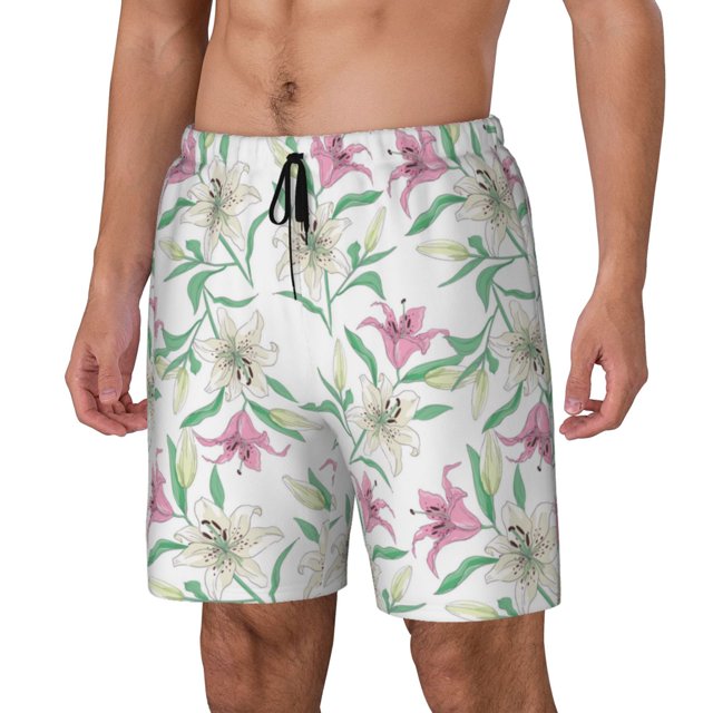 Kdxio Lilies Flowers Print Mens Swim Shorts with Mesh Lining, Breathable and Quick-Drying, Adjustable Waist, Privacy Pocket-Large