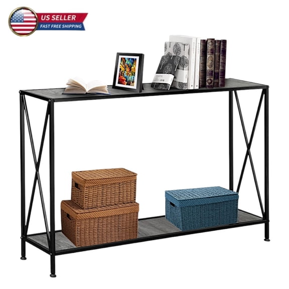 IVV Modern Slim Console Table, 2-Tier Storage Sofa Table with Open Shelf & Steel Frame for Living Room, Hallway, Entryway, or Behind Couch (Gray and Black)