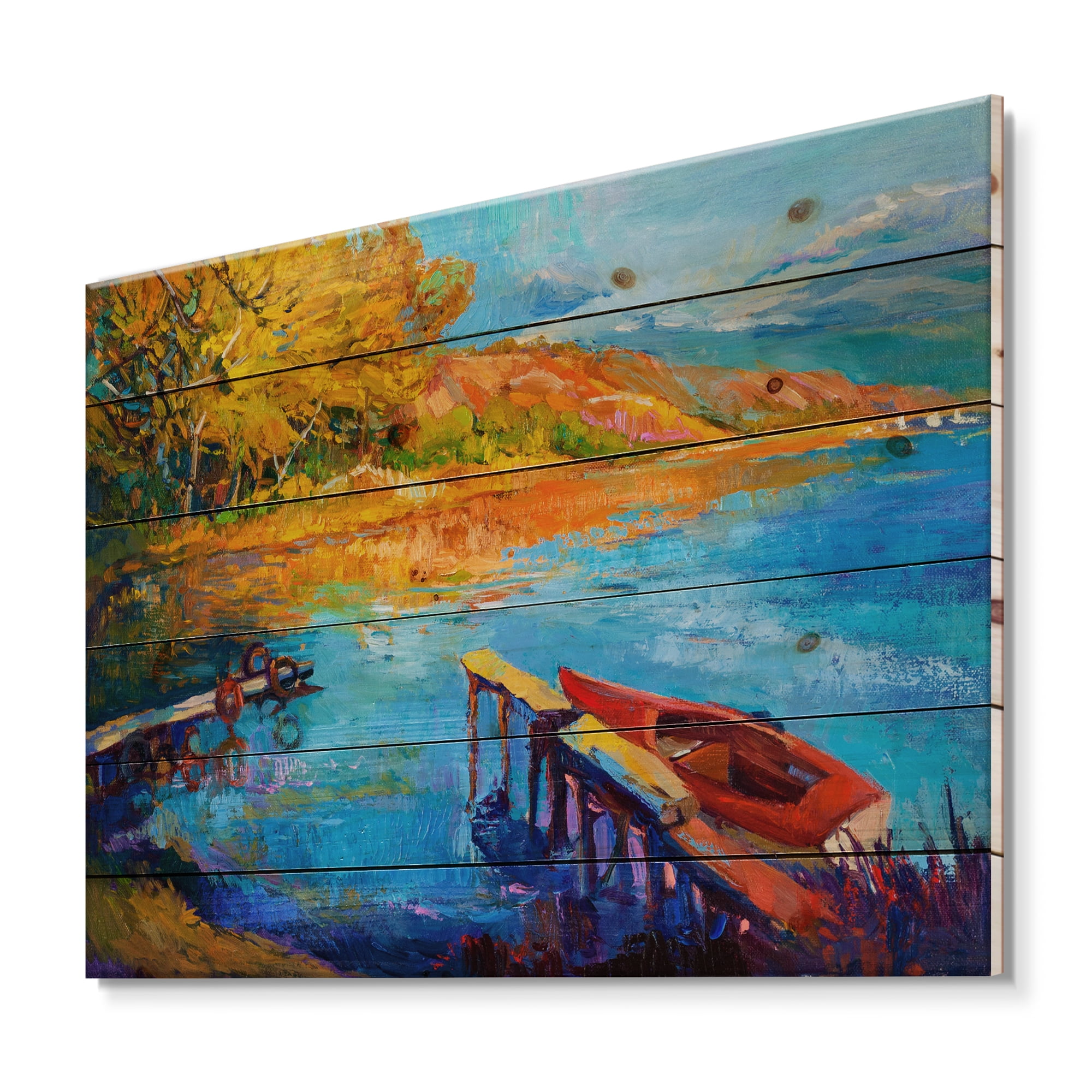 Designart 'The Lake At Sunset Evening Glow II' Lake House Print on Natural Pine Wood