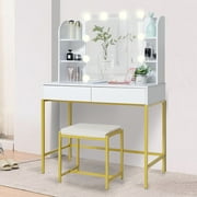 USIKEY Vanity Table Set with 10 Light Bulbs, Makeup Table with 4 Storage Shelves & 2 Drawers, Dressing Vanity Tables with Cushioned Stool, for Women, Girls, Gold-White