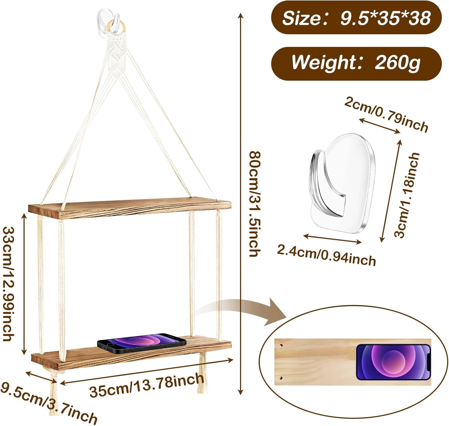 LXYWXS-Macrame Wall Hanging Shelves Boho Room Decor, 2 Tier Handmade Cotton Rope Rustic Wood Corner Floating Shelves with 2 Hooks, Decorative Hanging Storage Shelf for Living Room, Bathroom, Bedroom
