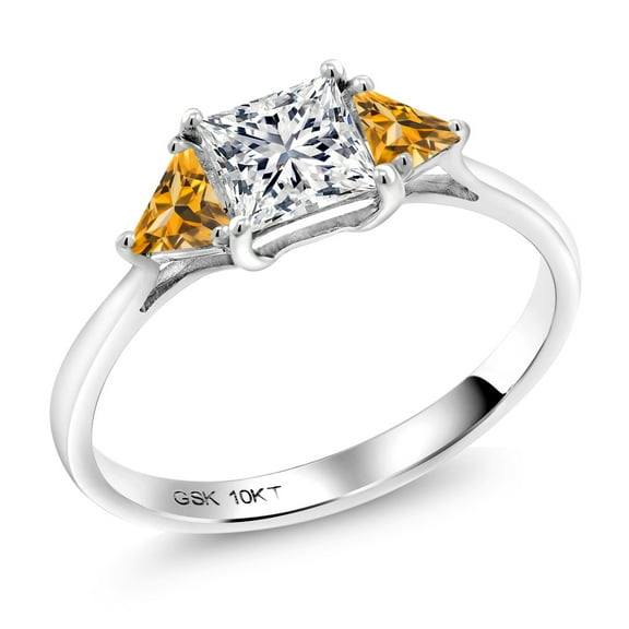 Gem Stone King 10K White Gold Lab Grown Diamond and Yellow Citrine Engagement Ring for Women | 1.00 Cttw | Princess 5MM | Gemstone April Birthstone | Size 7
