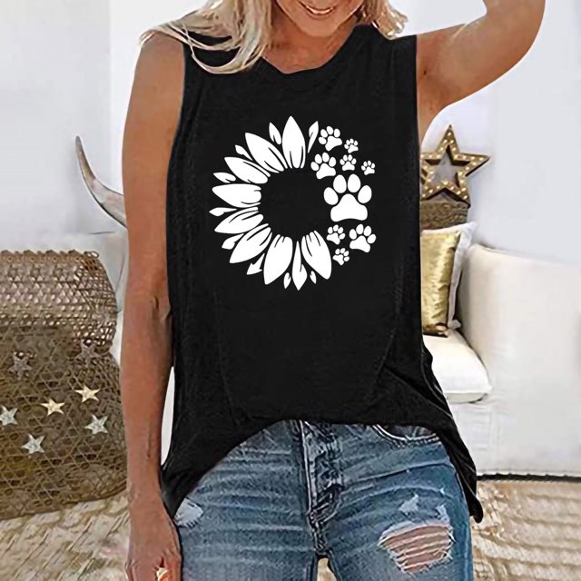 Qiopertar Mode Débardeur d'Été Sans Manches à Col Rond Imprimé Décontracté Blouse Offres de la Semaine Liquidation à Moins de 5$ jusqu'à 90 % de Réduction