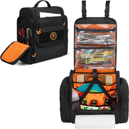 Large Tactical Camping Kitchen Organizer Hanging Cookware Bag with Paper Towel Holder & Multi Pockets Portable Camp Utensil Organizer for Outdoor BBQ Cooking Bag Only
