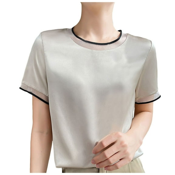2024 Summer New Silk Satin Short Sleeve T Shirt Women's Mesh Solid Color Vest Temperament V Neck Top
