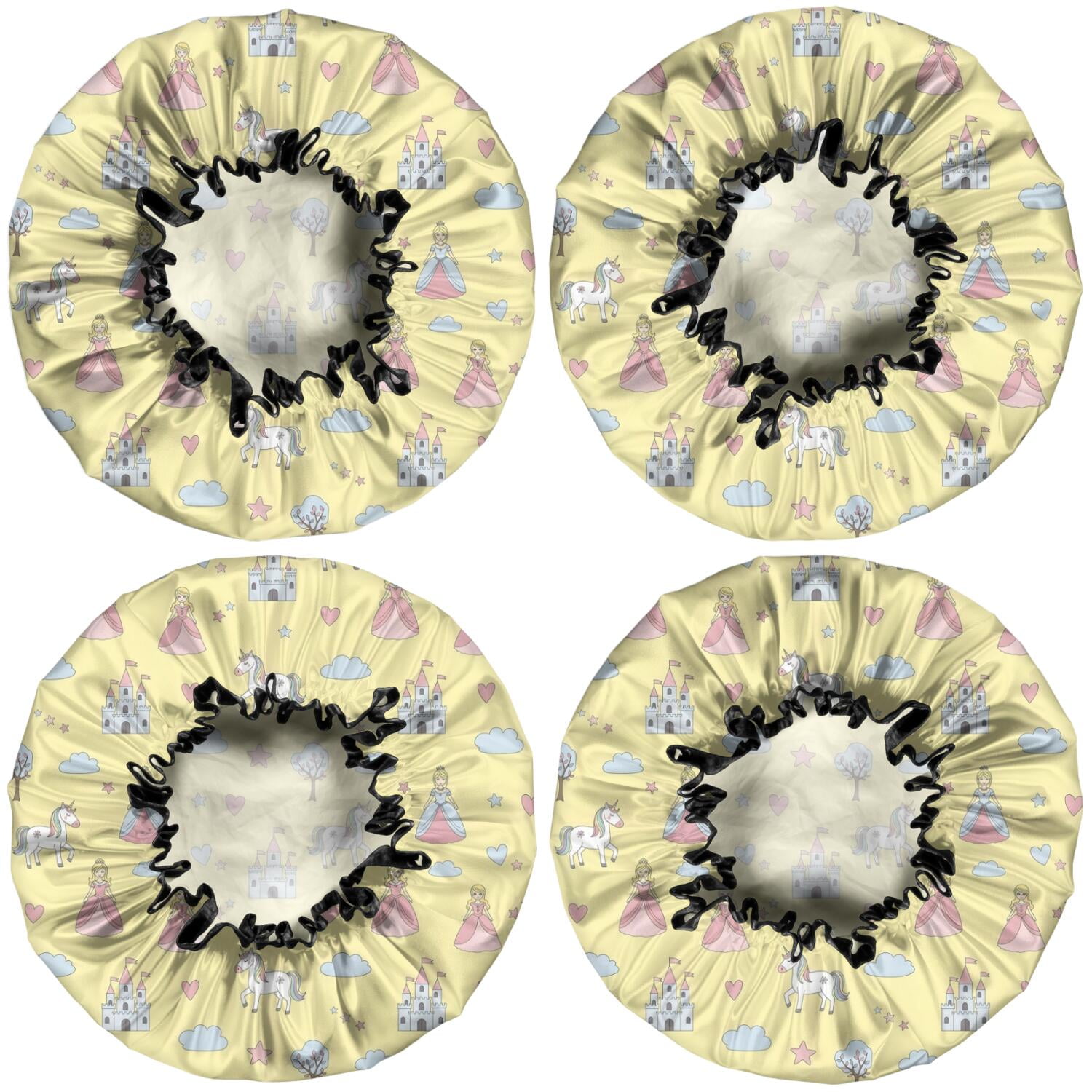 Shower Caps,Yellow Princess Unicorn Pattern Waterproof Shower Cap for Women 4 Pieces,Double Reusable Hair Cover for Shower PEVA Elastic Stretch Hem