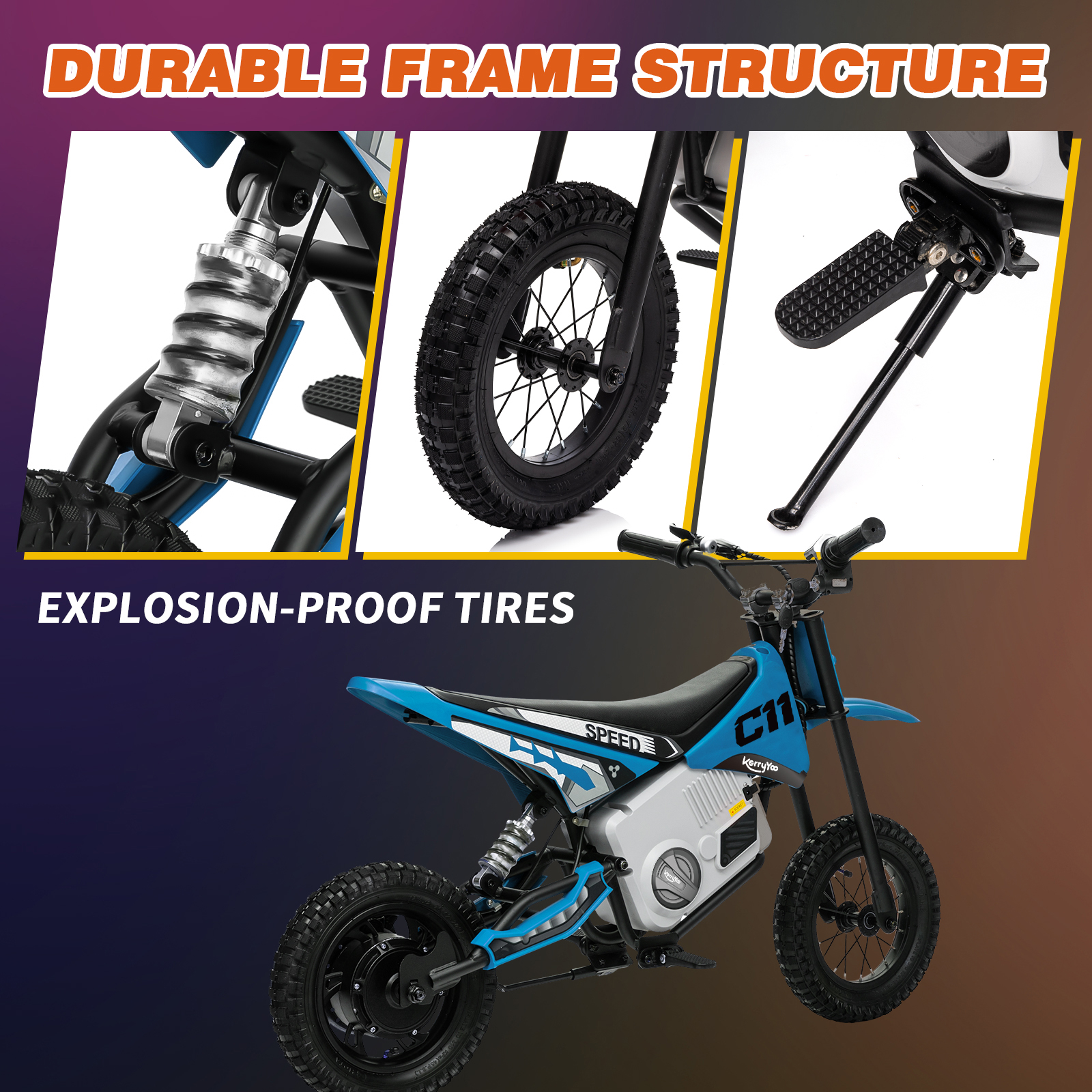 Electric Dirt Bike for Kids 6+, 24V Motorcycle, Electric Motorbike, 5-10 mph, High/Low Speeds-Blue