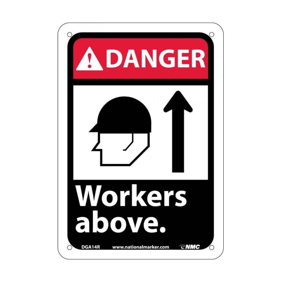 NMC Signs Dga14R, Danger Workers Above Sign, 10 X 7, Rigid Plastic .050