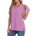 thumbnail image 4 of Fesfesfes Women's Fashion T-shirt Solid Color Slit Raglan Sleeve V-Neck Blouses Summmer Pullover Breathable Daily Wearing Tops(Purple,M), 4 of 7