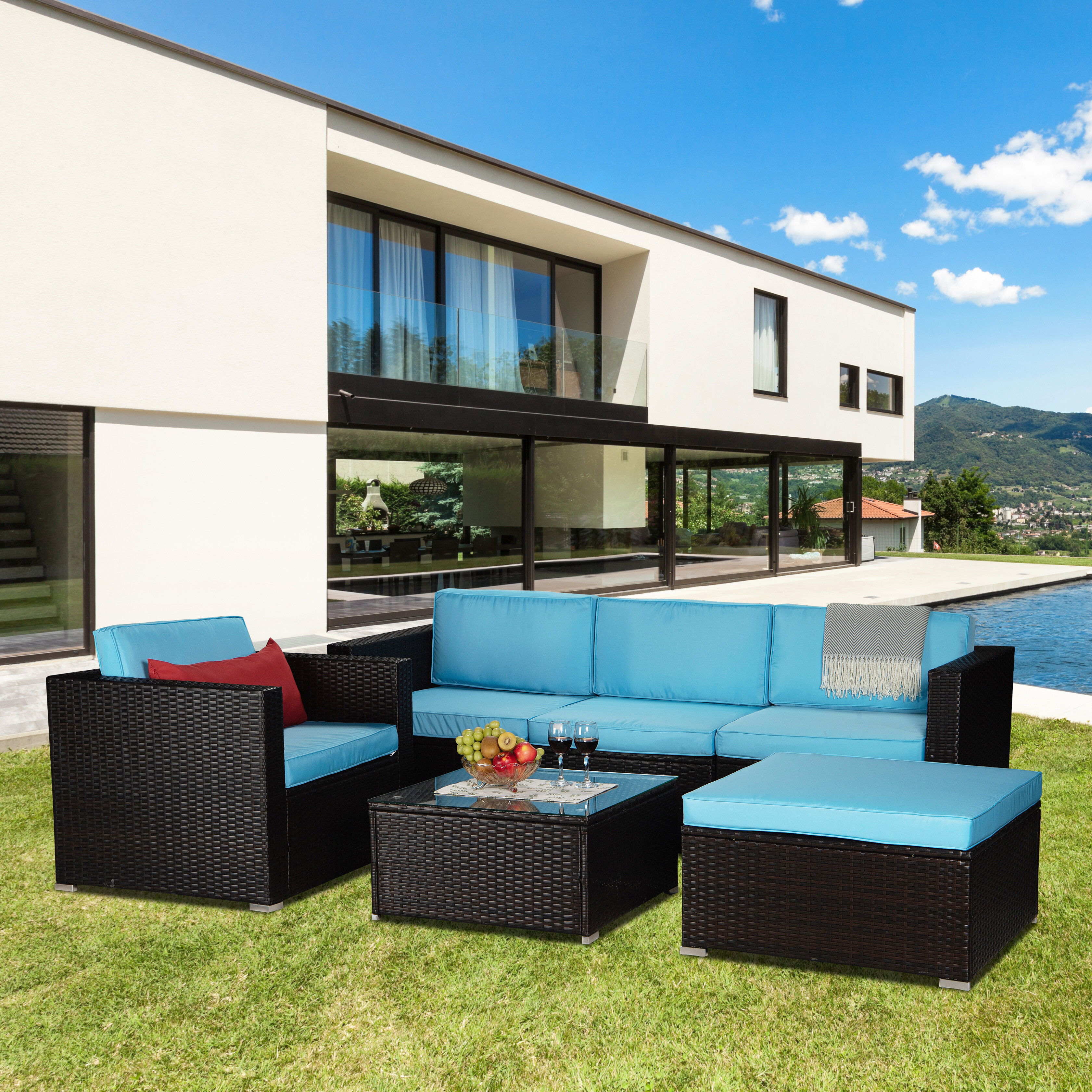 6-Piece Outdoor Patio Furniture Set PE Rattan Wicker Sectional Sofa Set with Coffee Table, Blue Cushioned and Red Pillow - image 2 of 8