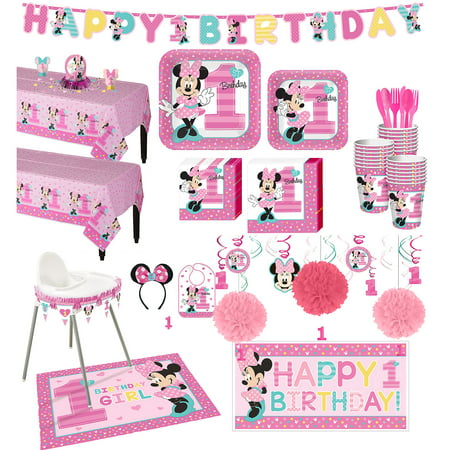 1st Birthday Minnie Mouse Deluxe Party Kit for 32 Guests, with Decorating Kits