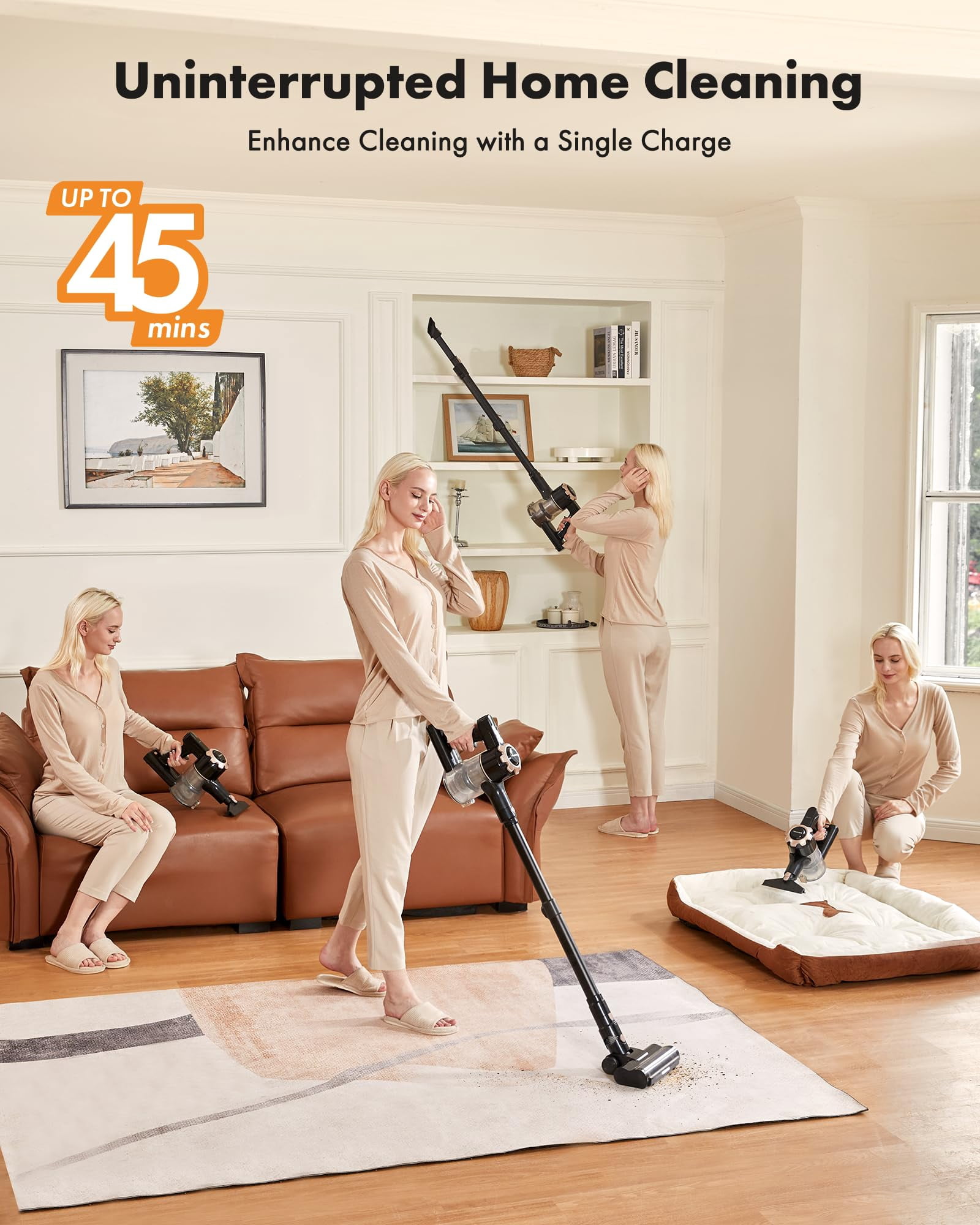 Trucozie Cordless Vacuum Cleaner, 8-in-1 Lightweight Stick Vacuum with 45mins Runtime, Powerful Suction, Rechargeable Cordless Vacuum for Carpet, Tile, Pet Hair, Hardwood Floors, Black C80