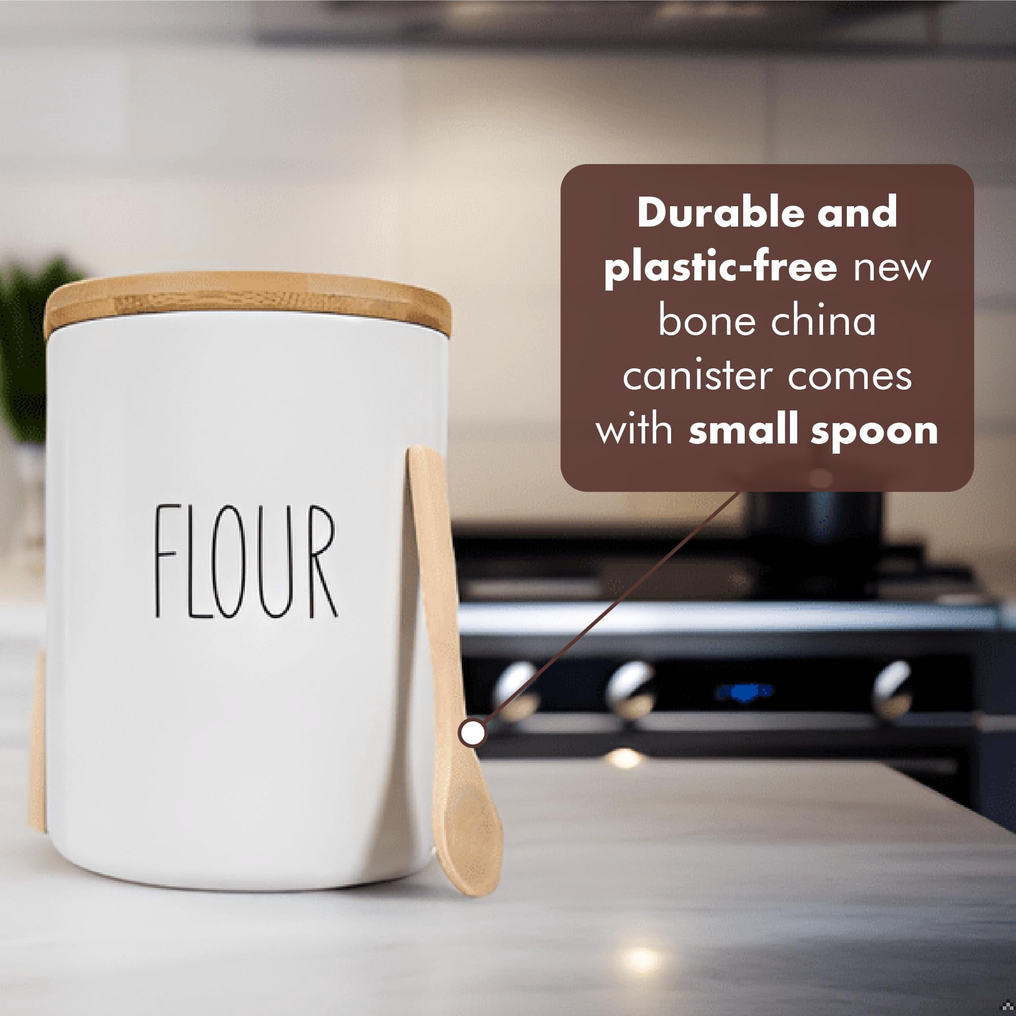 ARTHAUSEN White Ceramic Storage Jar Canister for Flour - Airtight Bamboo Lid w/Silicone Seal, Spoon - Modern Abstract Art Design for Kitchen Counter or Bathroom - 4 cup / 1080mL