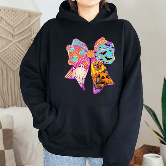 Neon Bow Print Long Sleeve Tops Cute Ghost/Boo/Spooky Hoodies Coquette Halloween Graphic Tees Casual Sweatshirts for Daily Outfits Black,S