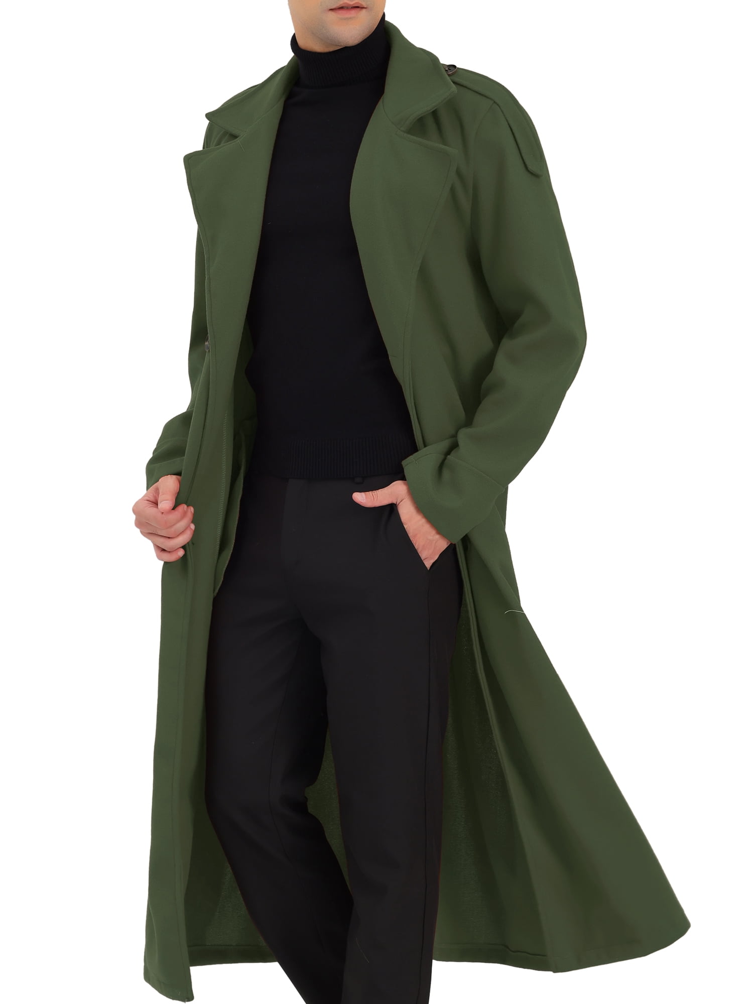 Unique Bargains Men's Pea Coat Notch Lapel Double Breasted Solid Color Overcoat M Olive Green