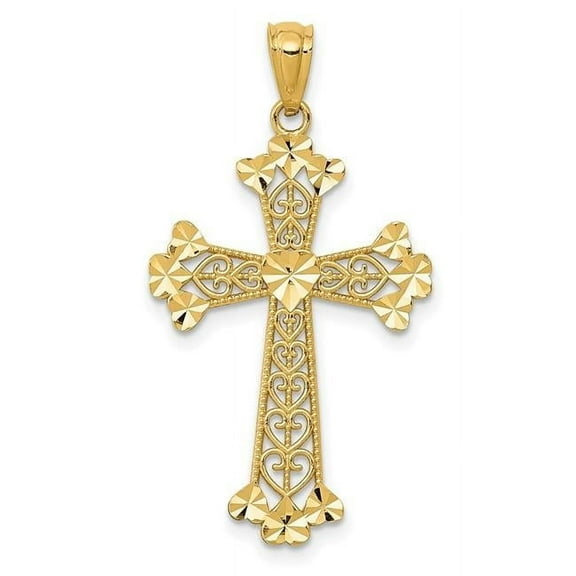 Finest Gold 14K Yellow Gold Diamond-Cut Polished Filigree Hearts Cross Pendant