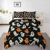 Manfei Orange Cute Ghost Bedding Comforter Set, Halloween Stars Print Twin Comforter Sets, Gothic Bat Animal Reversible Bedding Set, Luxury Bedroom Decor, 2 Pieces