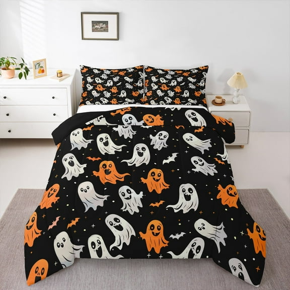 Manfei Orange Cute Ghost Bedding Comforter Set, Halloween Stars Print Twin Comforter Sets, Gothic Bat Animal Reversible Bedding Set, Luxury Bedroom Decor, 2 Pieces