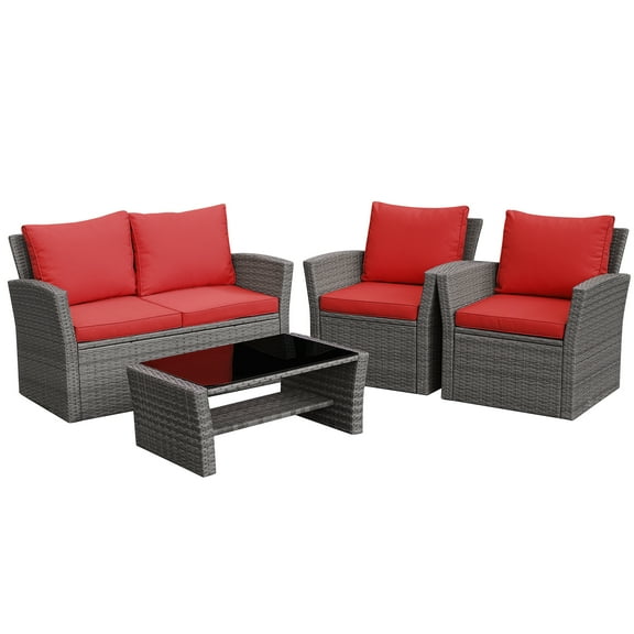 Patiojoy 4-Piece Rattan Wicker Patio Outdoor Furniture Sofa Set with Cushions & Tempered Glass Table Red