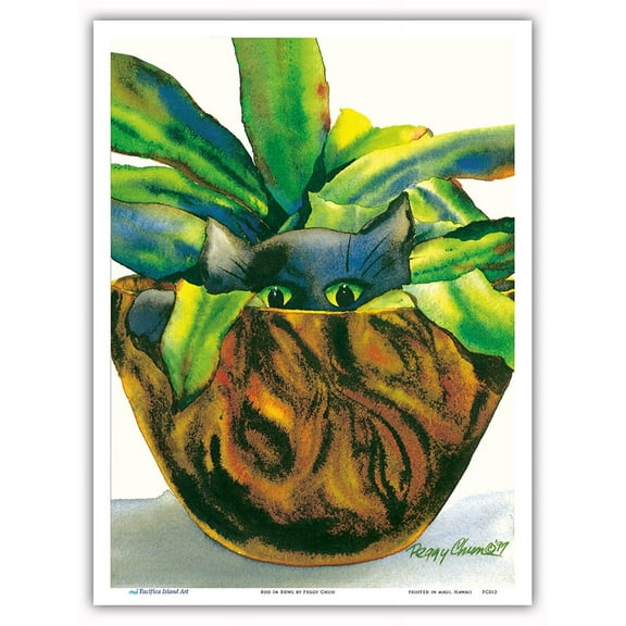 Boo In Bowl - Hawaiian Black Cat (ʻeleʻele Popoki) in Koa Wood Bowl - From an Original Hawaii Watercolor Painting by Peggy Chun - Master Art Print (Unframed) 9in x 12in