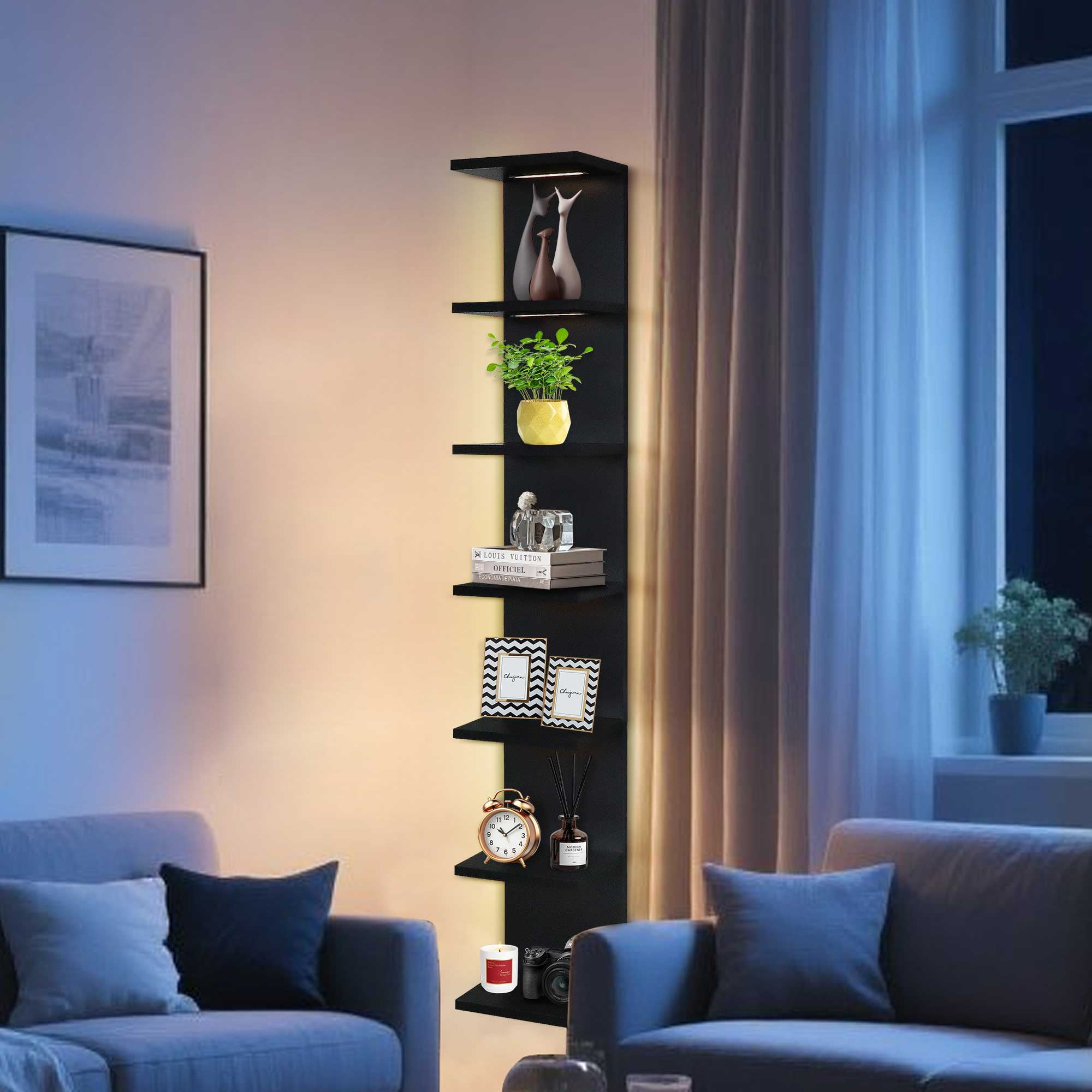 7-Tier Wall Shelf with 3 LED Lighting Modes, Multifunctional Wall Mounted Vertical Display Floating Shelf for Bedroom Living Room Vanity, Black