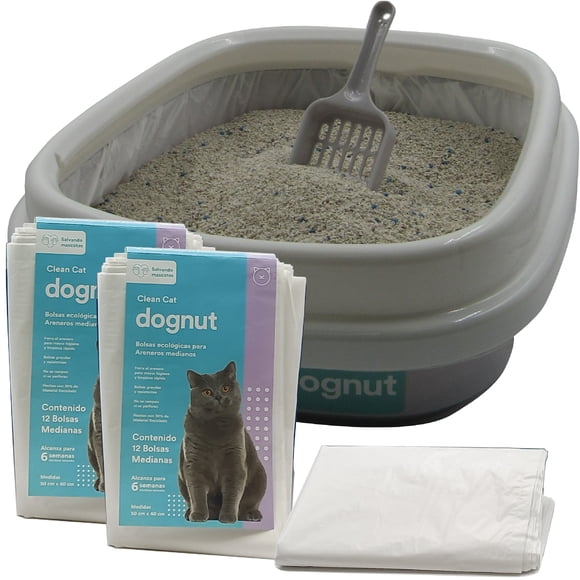 dognut - Arenero para Gato con Pala, Grande, Abierto, Base con Paredes-Sujeta Bolsas, Gris y Blanco, Incluye 24 Bolsas Protectoras