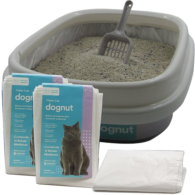 dognut - Arenero para Gato con Pala, Grande, Abierto, Base con Paredes-Sujeta Bolsas, Gris y Blanco, Incluye 24 Bolsas Protectoras