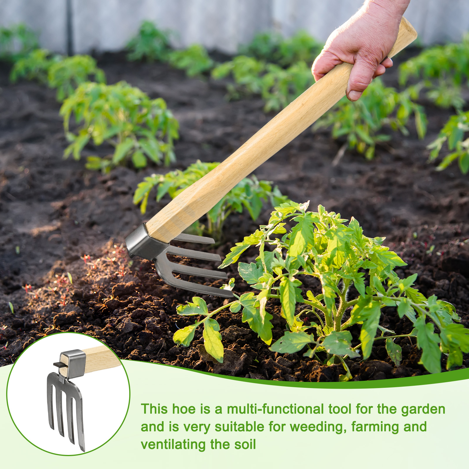 Unique Bargains Japanese Hand Tiller/Rake for Garden, 15 Inches Stainless Steel Cultivator  with Garden Hoe for Digging, Weeding, and Planting, Gardening Tool with Wooden Handle