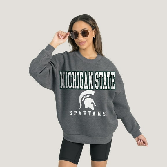 Women's Gameday Couture  Heather Charcoal Michigan State Spartans Oversized Distressed Fleece Pullover Sweatshirt