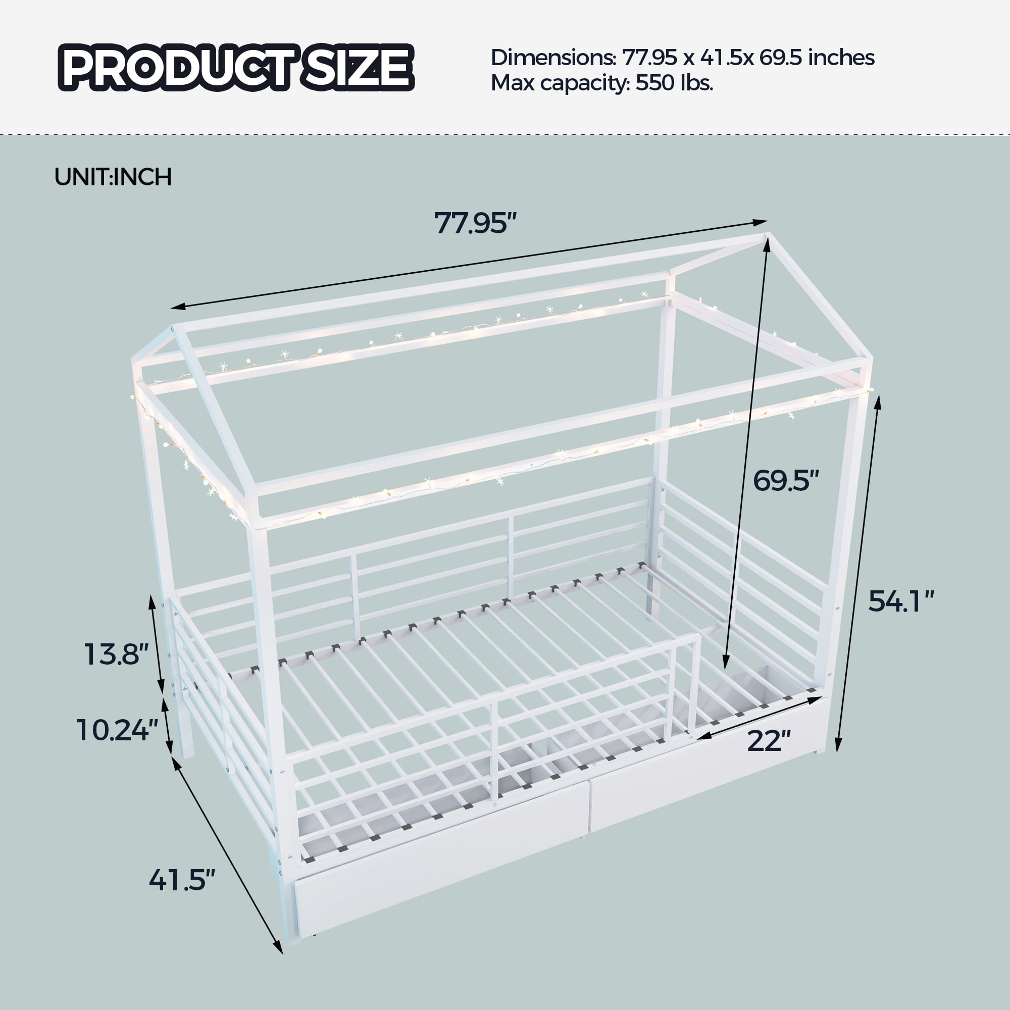 Mintazer Twin Size Metal House Bed with 2 Drawers, Kids Floor Bed with Guardrails for Boys & Girls, White