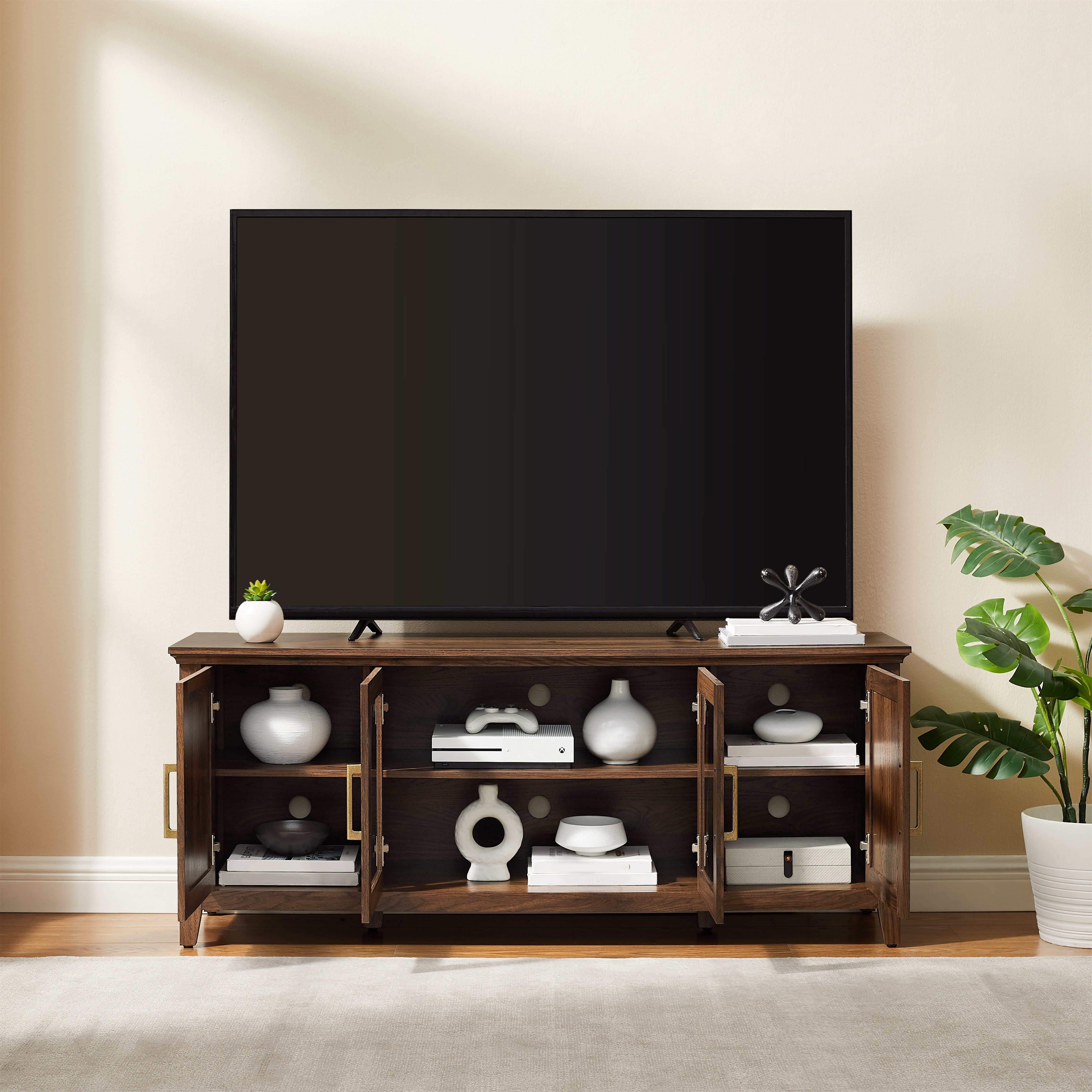 Mainstays Traditional TV Stand with Glass Doors, for TVs up to 65 in, Walnut Finish