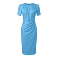 thumbnail image 5 of Casual Pleated Round Neck Short Sleeve Waist Midi Dress for Everyday Wear - Versatile Solid Color Womens Casual Dress, Blue, XXL, 5 of 5