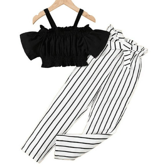 Mikrdoo 8 Years Big Girls Outfits Strpas Crops Tops Elastic Stripe Pants 2Pcs Clothes Set Black