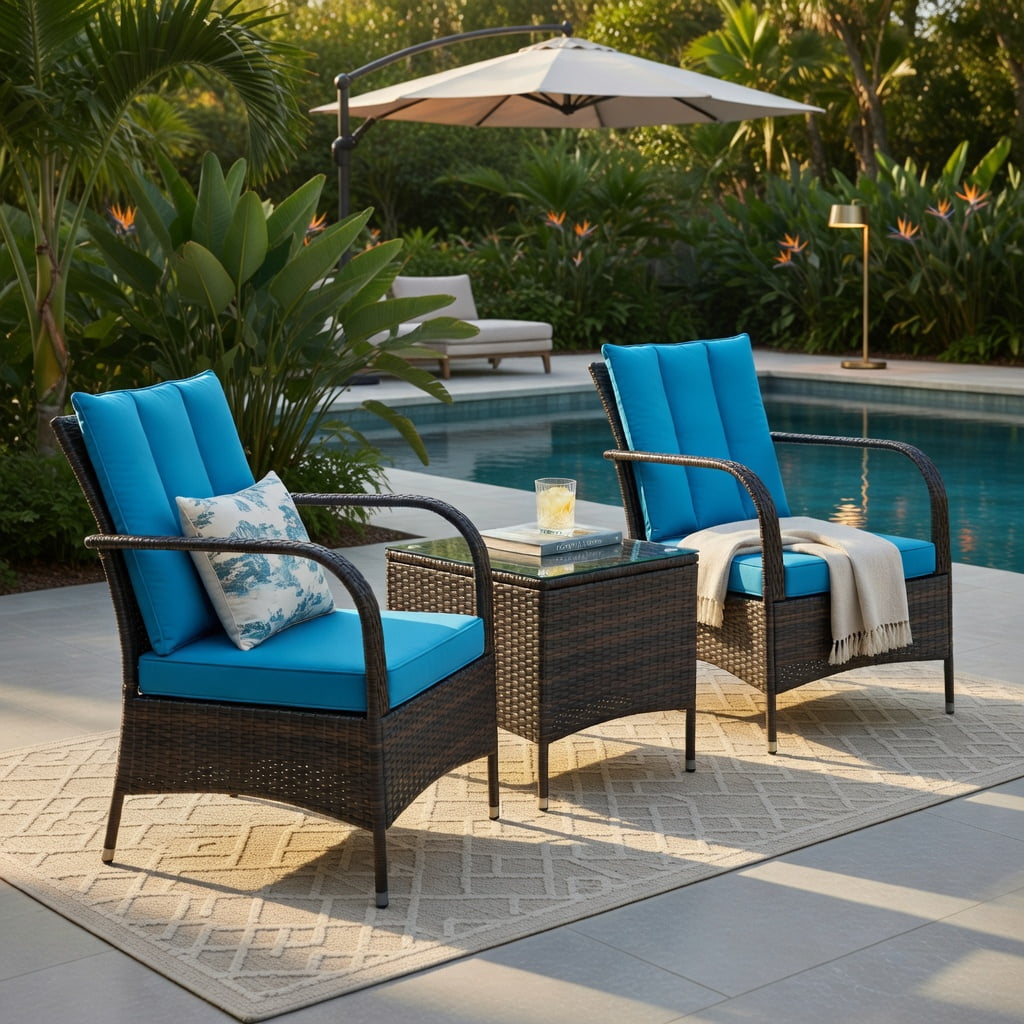 Hommoo 3-Piece Outdoor Rattan Patio Furniture Set with Tempered Glass Coffee Table & Cushions, Weather-Resistant Wicker Seating for Backyard, Garden, or Patio, Turquoise