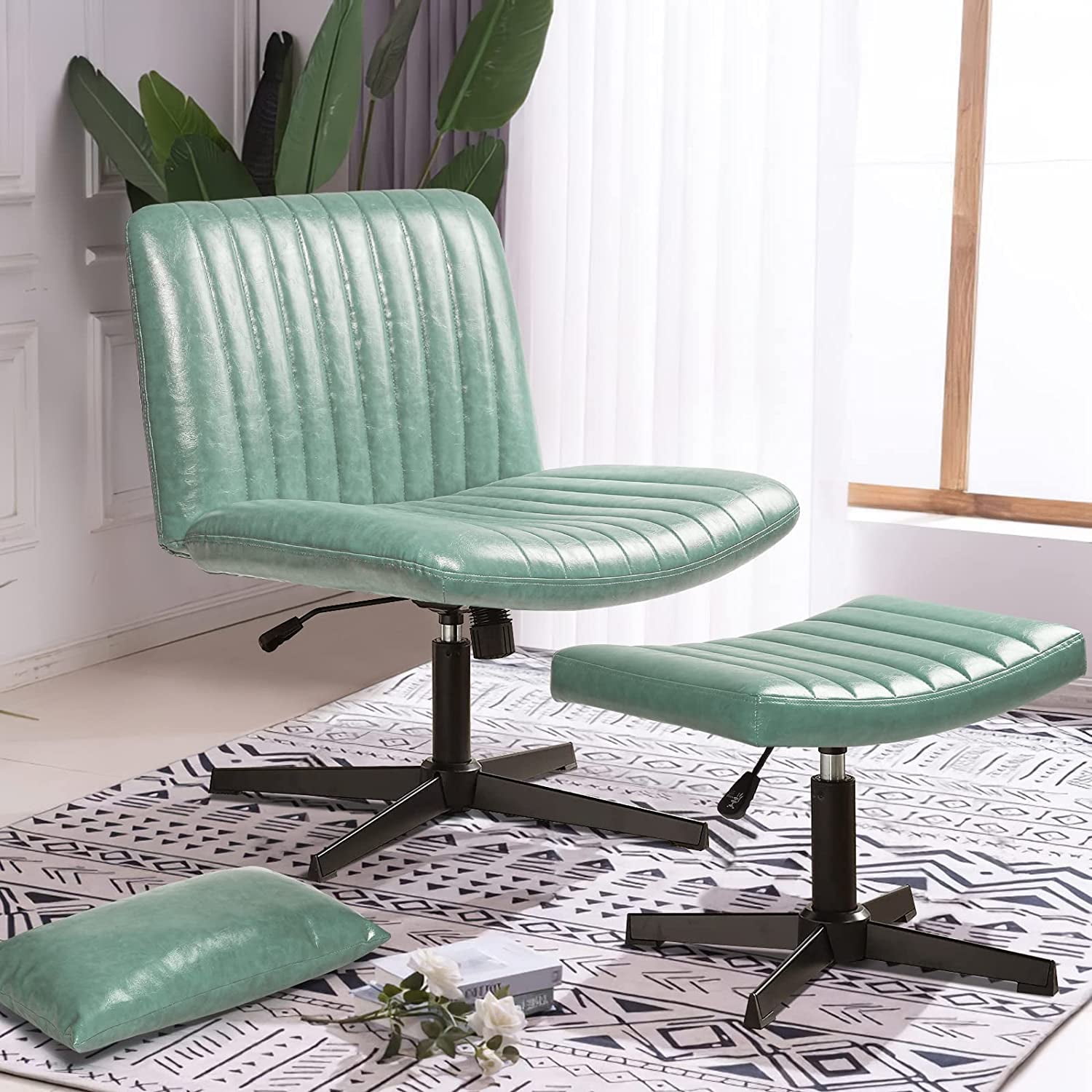 Vitesse Armless Desk Chair No Wheels with Ottoman,PU Leather Padded
