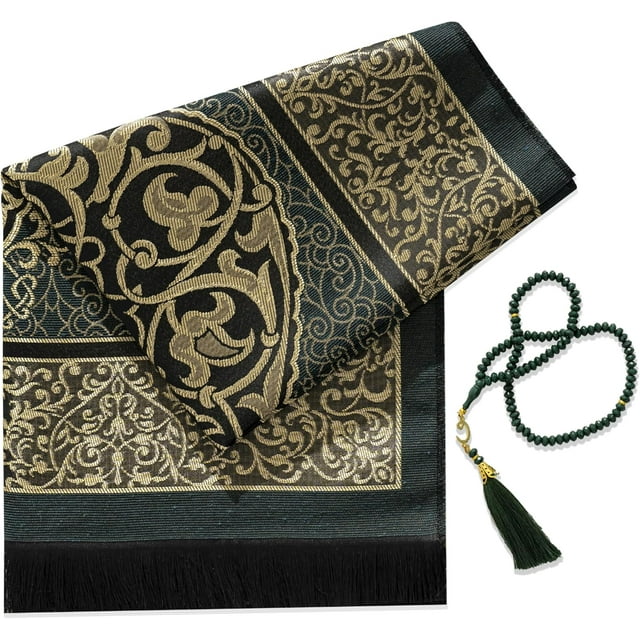 Muslim Prayer Rug with Prayer Beads - Prayer Mat - Prayer Rug - Prayer Matt Islam - Islamıc Prayer Mat - Travel Prayer Mat - Tasbih Prayer Beads - Islamic Gifts - 99 Prayer Beads Included (Green)