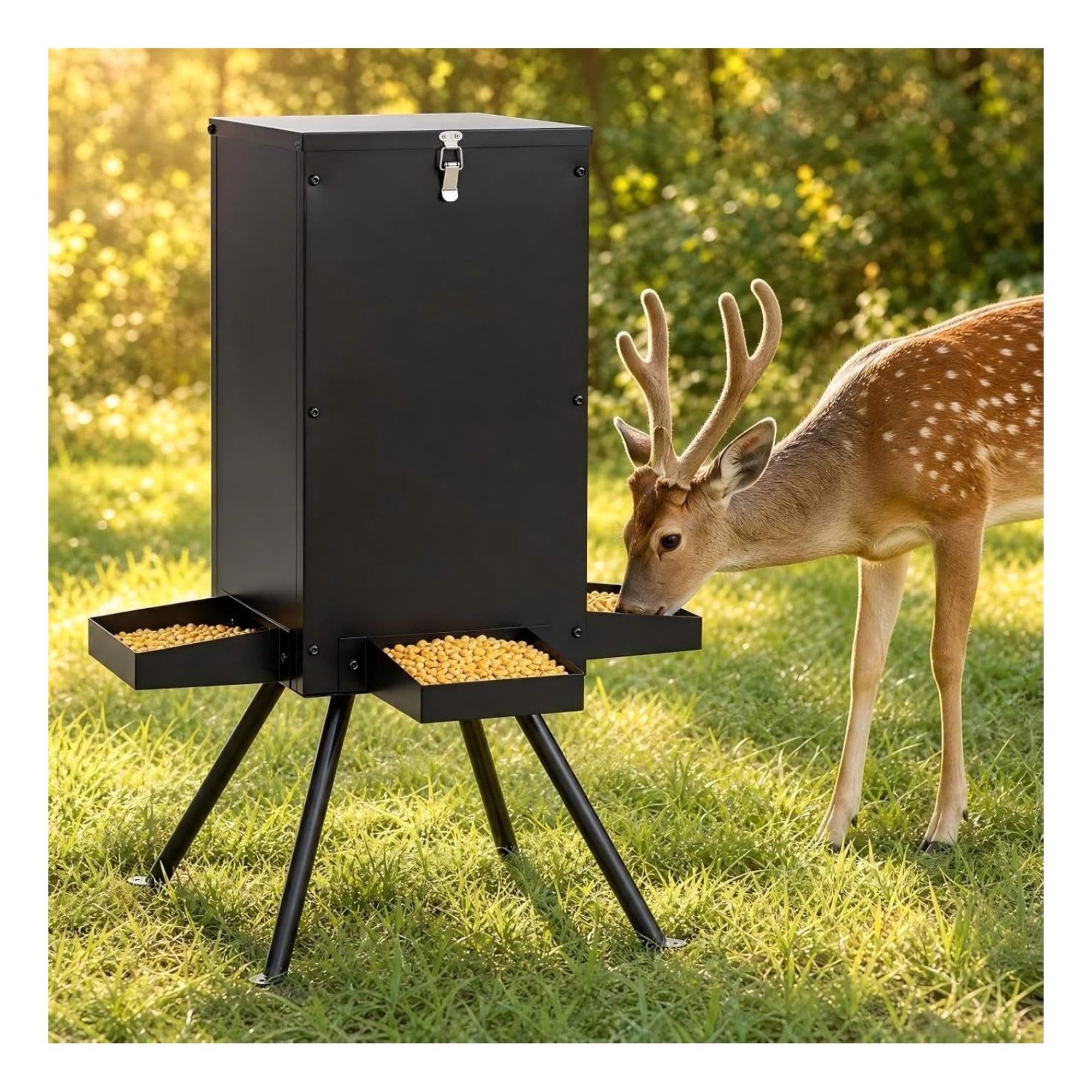 GYMAX 90LBS Deer Feeder Gravity Feeders with 4 Trays 14 Gallon Capacity Heavy Duty Galvanized Steel Power-Free Wildlife Feeder for Hunting Land Ranch Backyard with Locking and Ground Pegs