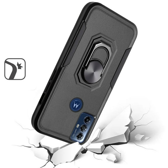 For Motorola Moto G Play 2023 Hybrid Tough Strong Dual Layer Hard PC TPU with Flat Magnetic Ring Stand Heavy-Duty Armor Cover ,Xpm Phone Case [ Black ]