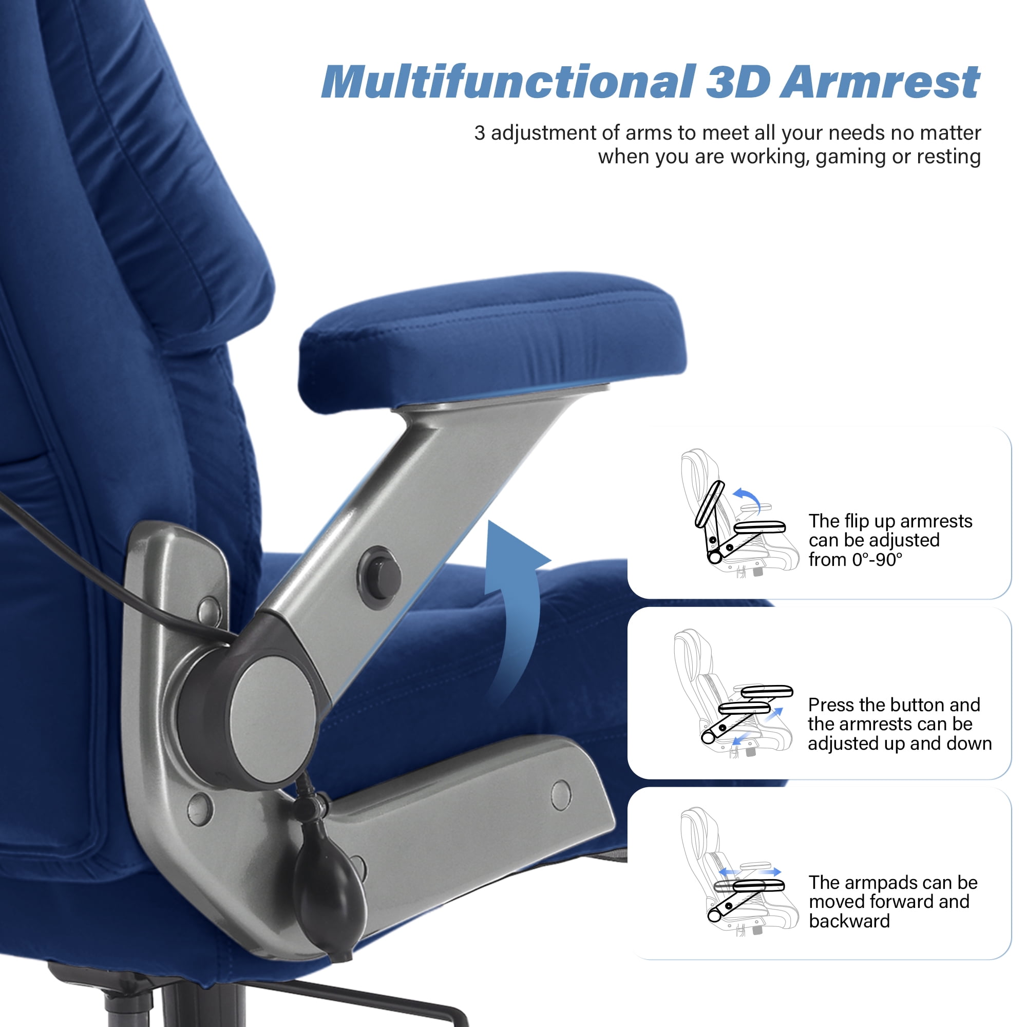 Big and Tall 700lbs Office Chair, Ultra-Soft Fabric Executive Desk Chair, Ergonomic Computer Chair with 3D Flip Up Arms, Adjustable Lumbar Support, Heavy Duty Metal Base and Quiet Rubber Wheel, Blue