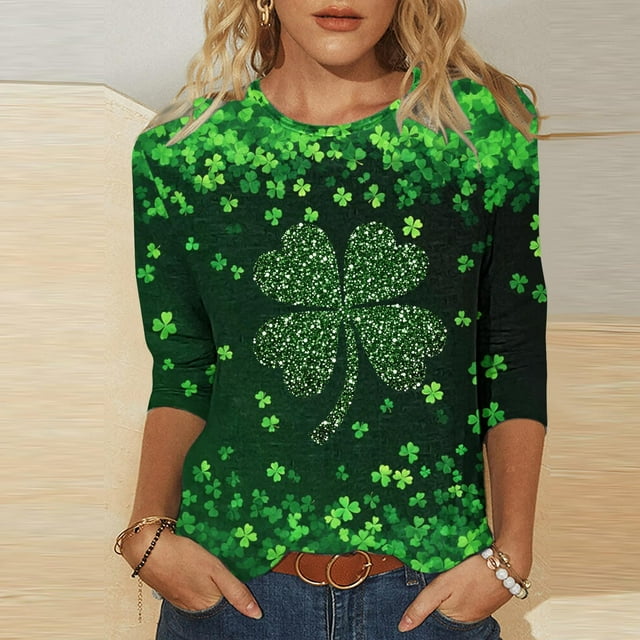 Mceream Chemise à Manches 3/4 St Patricks Day Hauts pour Femmes Printemps Col Rond T-Shirts Décontractés Blouses à Imprimé Floral T-Shirts Graphiques Tenues d'Été Hauts Boho Grande Taille Chemises à Imprimé Trèfle